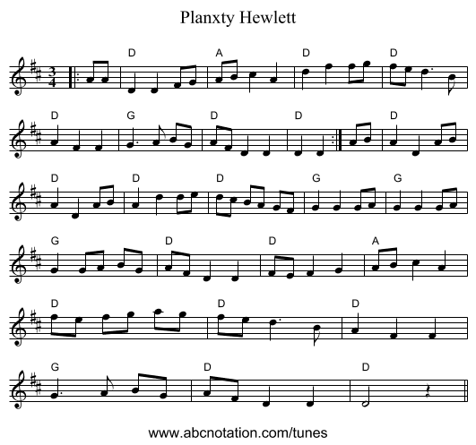 Planxty Hewlett - staff notation