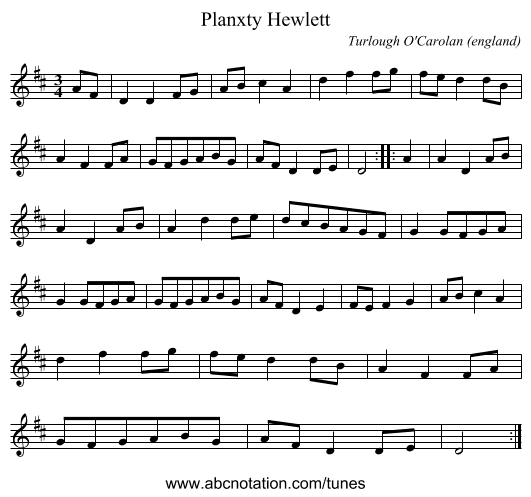 Planxty Hewlett - staff notation