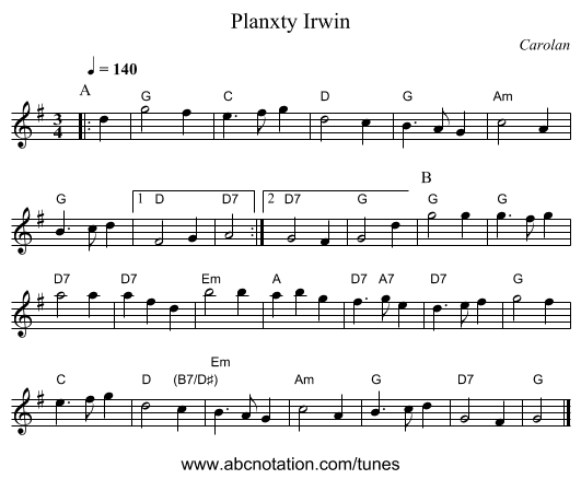 Planxty Irwin - staff notation