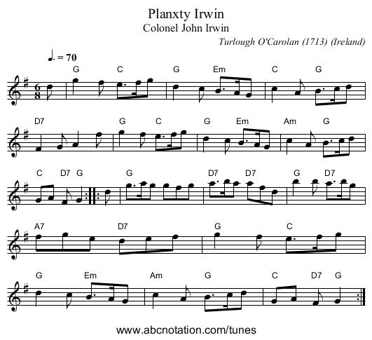 Planxty Irwin - staff notation