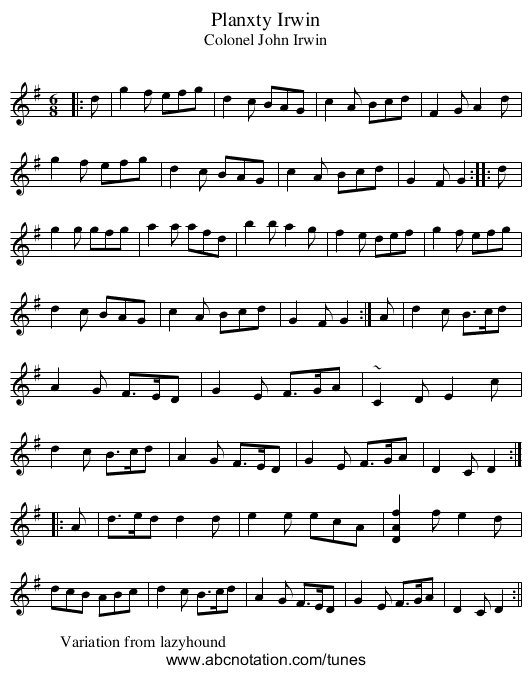 Planxty Irwin - staff notation