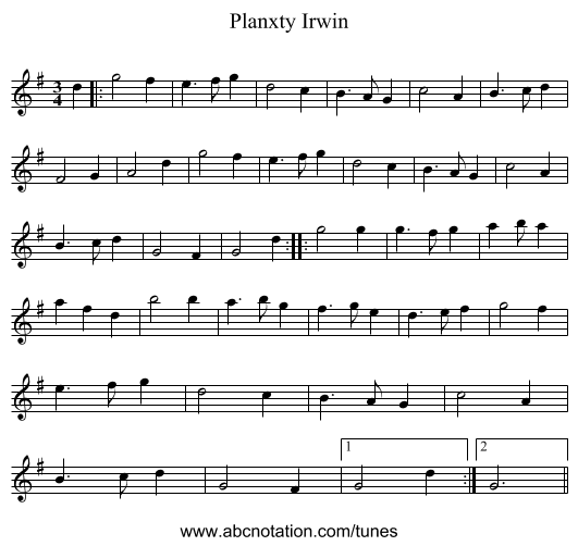 Planxty Irwin - staff notation