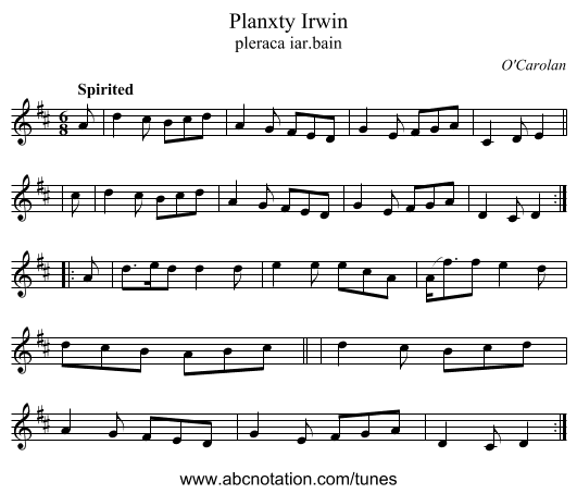 Planxty Irwin - staff notation