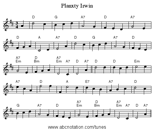 Planxty Irwin - staff notation