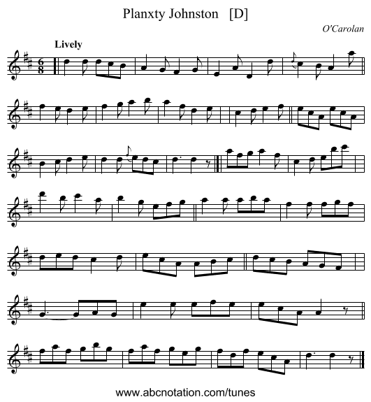 Planxty Johnston   [D] - staff notation