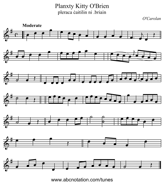 Planxty Kitty O'Brien - staff notation