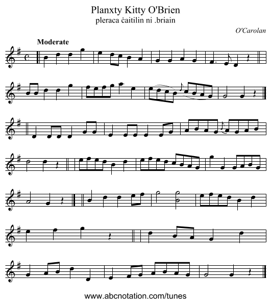Planxty Kitty O'Brien - staff notation