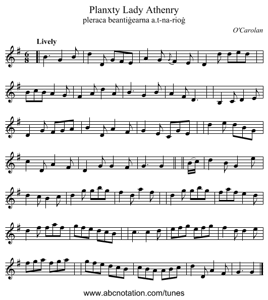 Planxty Lady Athenry - staff notation