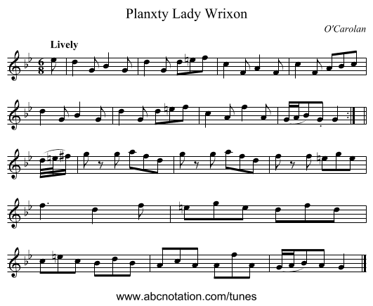Planxty Lady Wrixon - staff notation