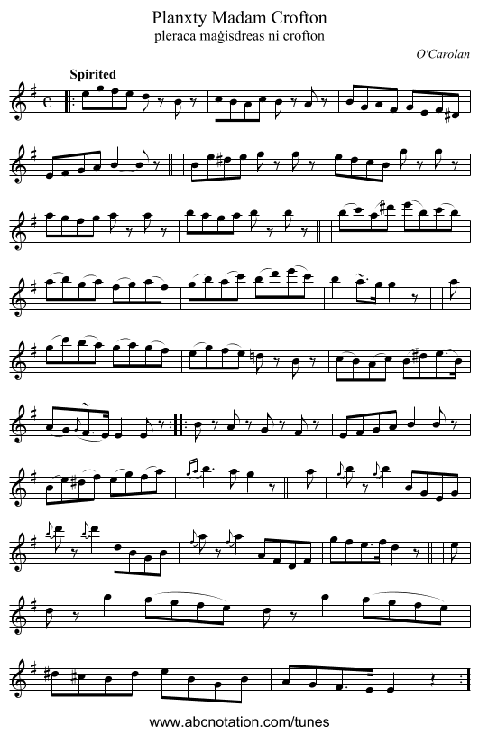 Planxty Madam Crofton - staff notation