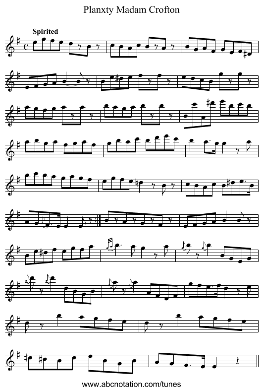 Planxty Madam Crofton - staff notation