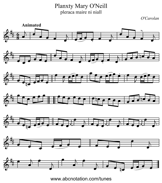 Planxty Mary O'Neill - staff notation