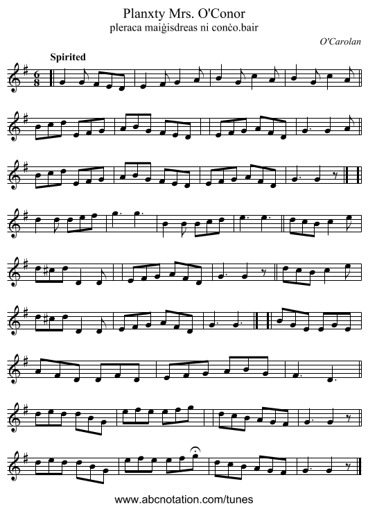 Planxty Mrs. O'Conor - staff notation
