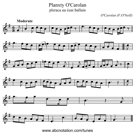 Planxty O'Carolan - staff notation