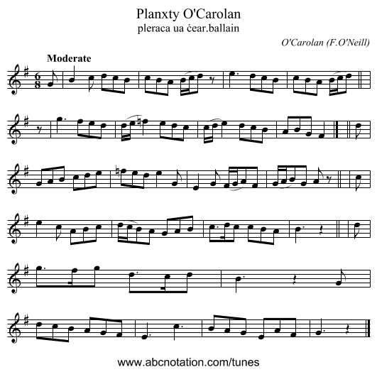 Planxty O'Carolan - staff notation