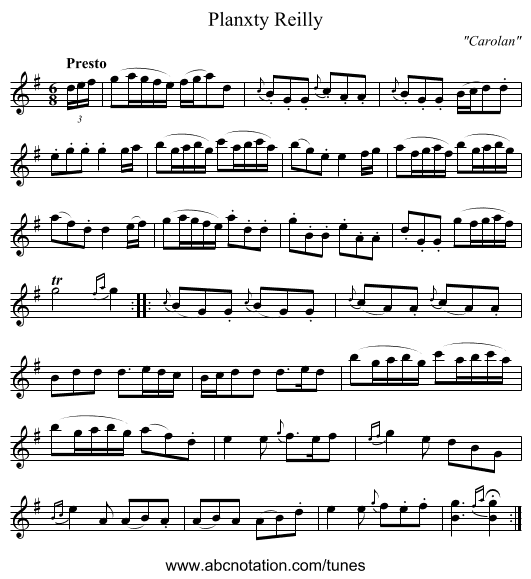 Planxty Reilly - staff notation