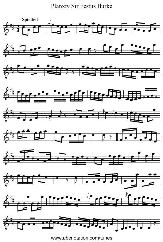 Planxty Sir Festus Burke - staff notation