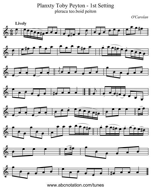 Planxty Toby Peyton - 1st Setting - staff notation