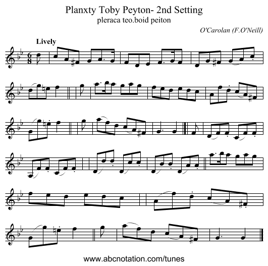 Planxty Toby Peyton- 2nd Setting - staff notation