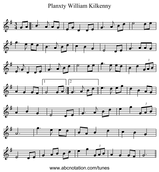 Planxty William Kilkenny - staff notation