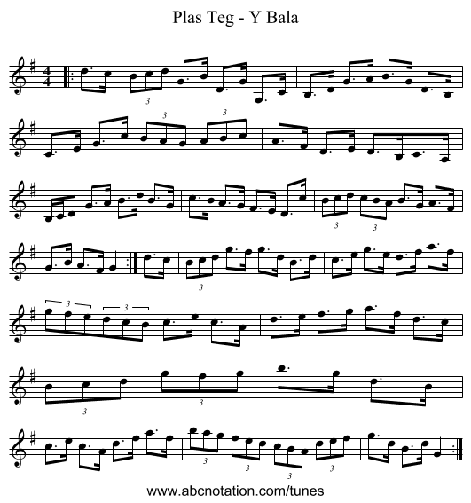 Plas Teg - Y Bala - staff notation