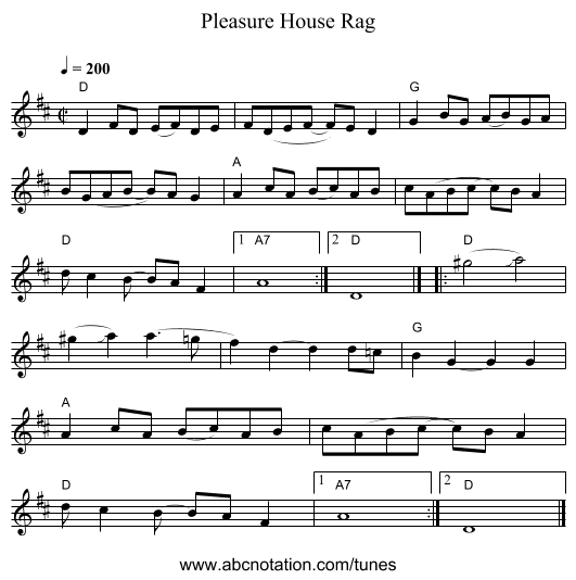 Pleasure House Rag - staff notation