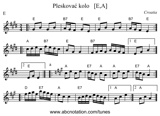Pleskovać kolo   [E,A] - staff notation