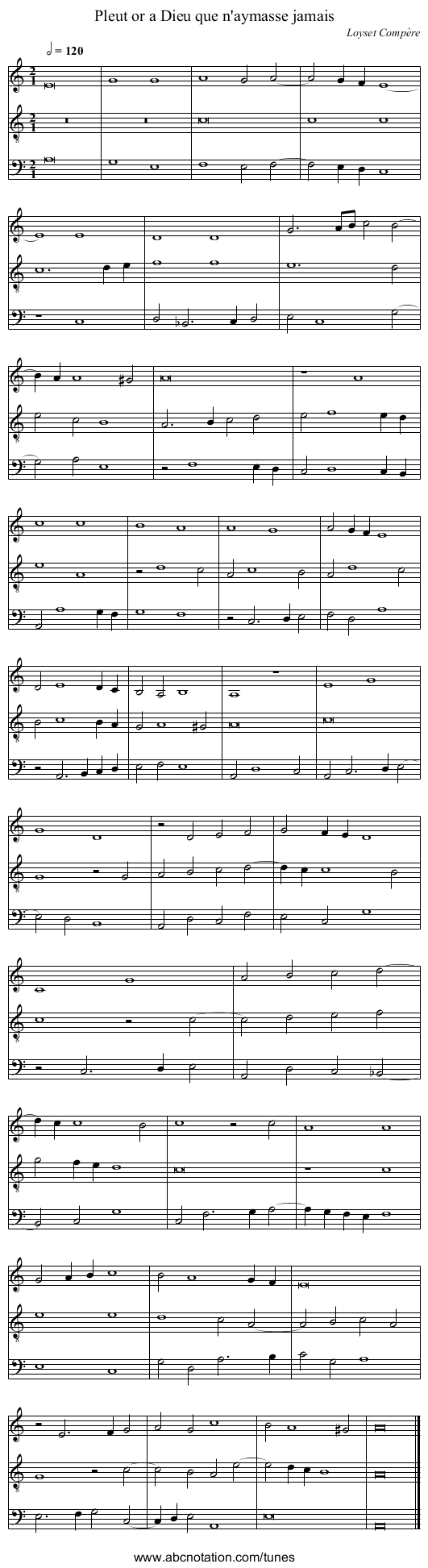Pleut or a Dieu que n'aymasse jamais - staff notation