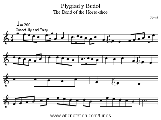 Plygiad y Bedol - staff notation