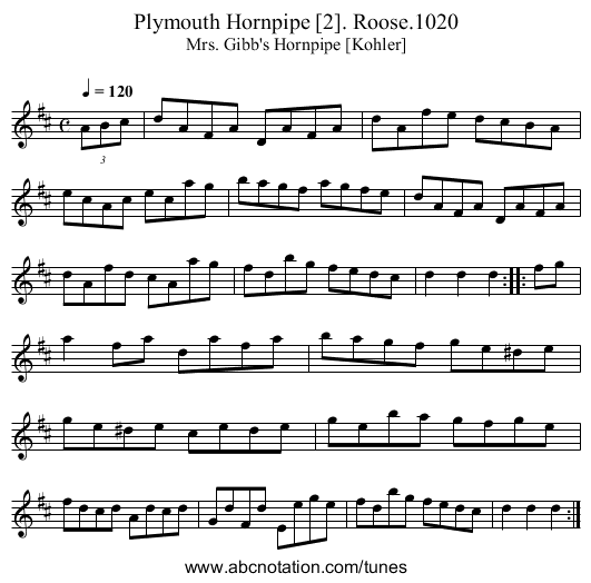 Plymouth Hornpipe [2]. Roose.1020 - staff notation