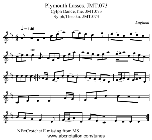 Plymouth Lasses. JMT.073 - staff notation