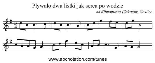 Plywalo dwa listki jak serca po wodzie - staff notation