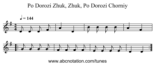Po Dorozi Zhuk, Zhuk, Po Dorozi Chorniy - staff notation