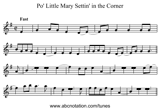 Po' Little Mary Settin' in the Corner - staff notation