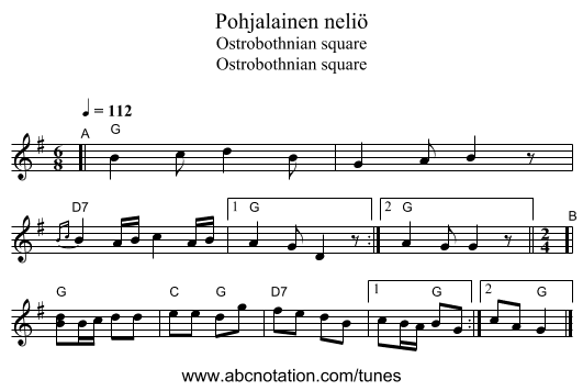Pohjalainen neliö - staff notation