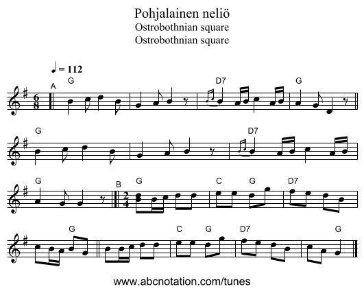 Pohjalainen neliö - staff notation