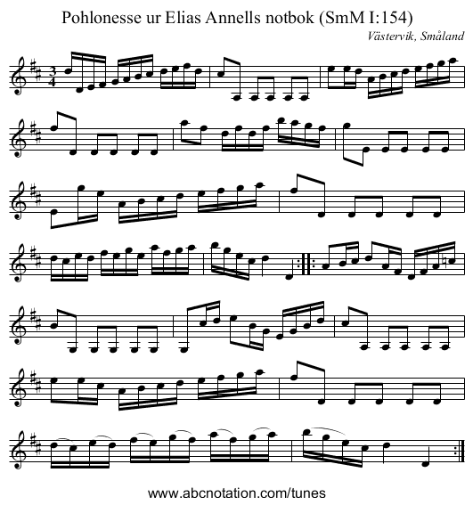 Pohlonesse ur Elias Annells notbok (SmM I:154) - staff notation