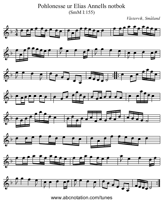 Pohlonesse ur Elias Annells notbok - staff notation