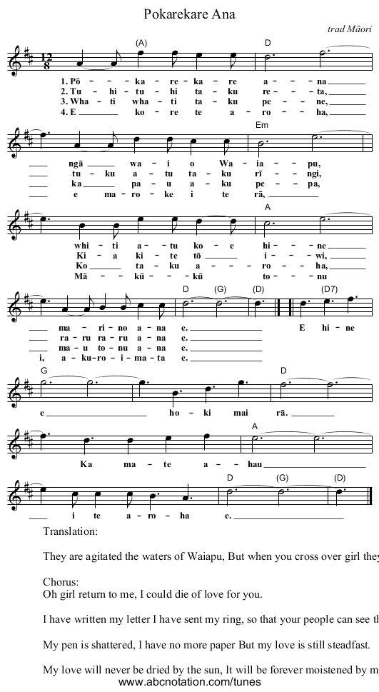 Pokarekare Ana - staff notation