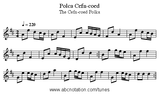 Polca Cefn-coed - staff notation