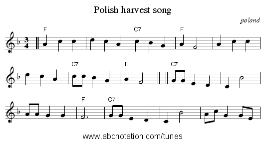Polish harvest song - staff notation