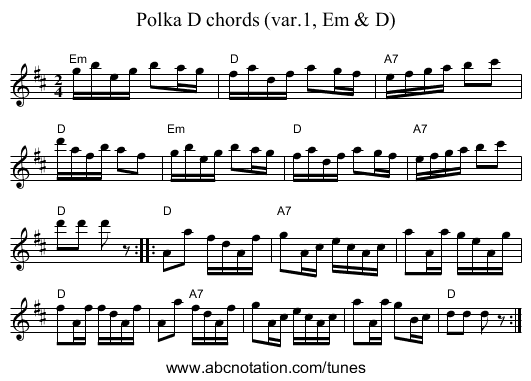 Polka D chords (var.1, Em & D) - staff notation