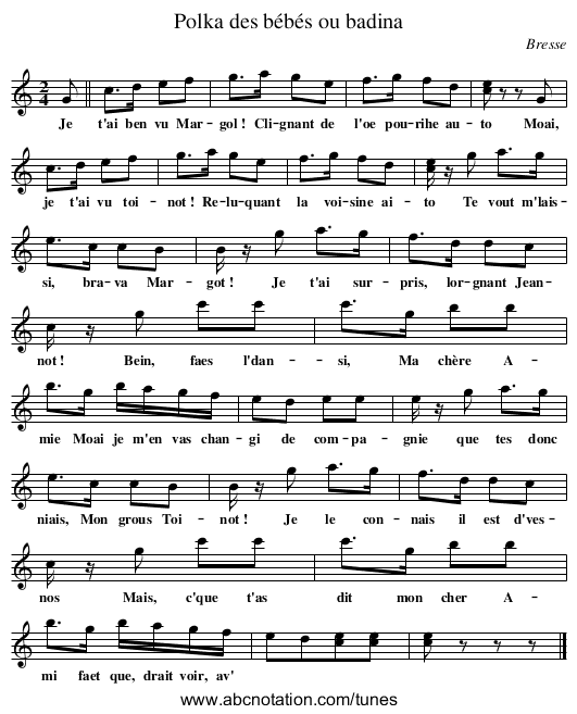 Polka des bébés ou badina - staff notation