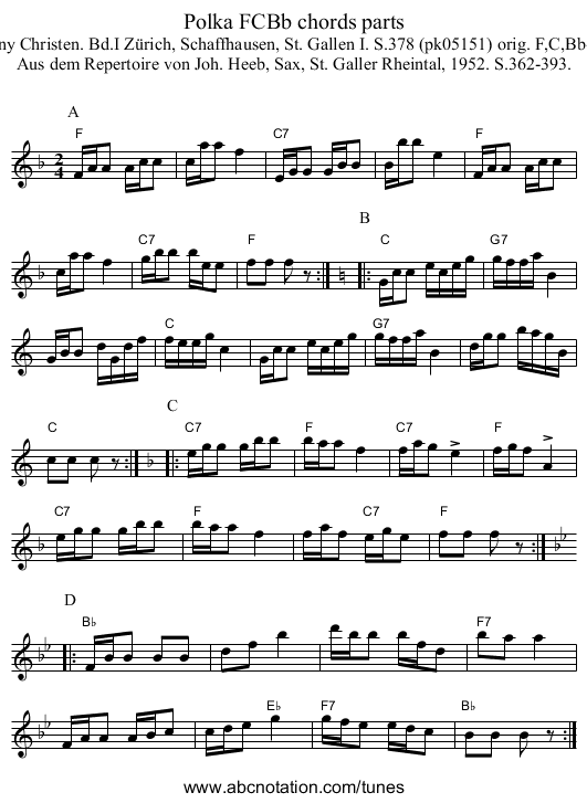 Polka FCBb chords parts - staff notation