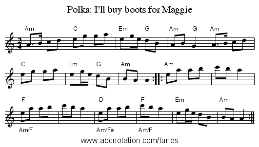 Polka: I'll buy boots for Maggie - staff notation