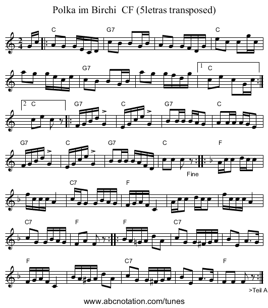 Polka im Birchi  CF (5letras transposed) - staff notation
