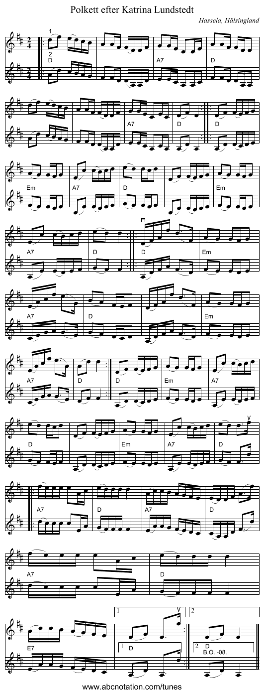 Polkett efter Katrina Lundstedt - staff notation