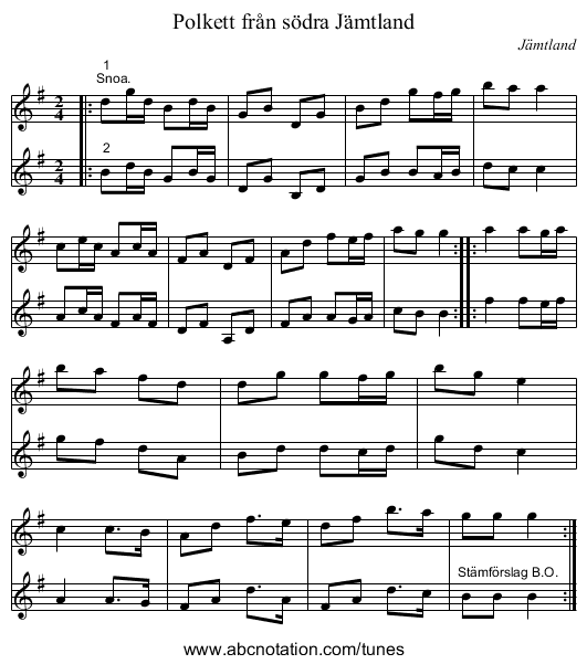 Polkett från södra Jämtland - staff notation