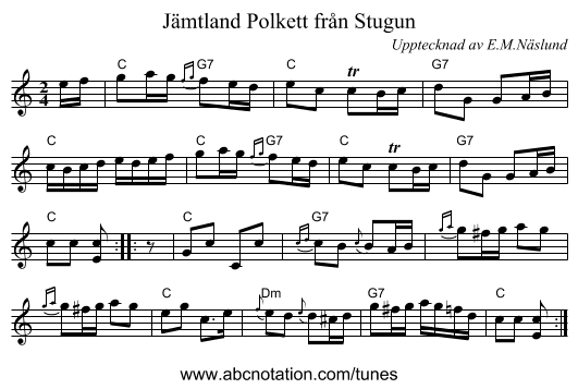 Polkett fr&aring;n Stugun, J&auml;mtland - staff notation