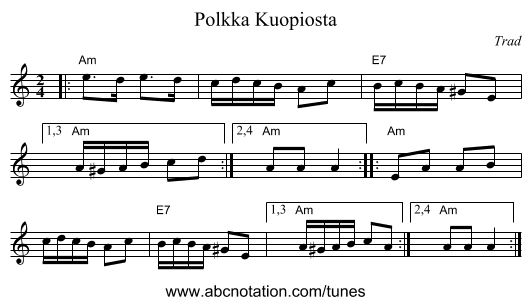 Polkka Kuopiosta - staff notation